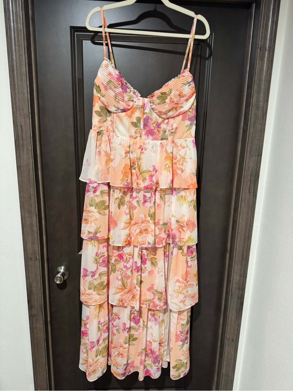 Floral Tiered Spaghetti-Strap Maxi Dress Chiffon Coral Sunset Peonies